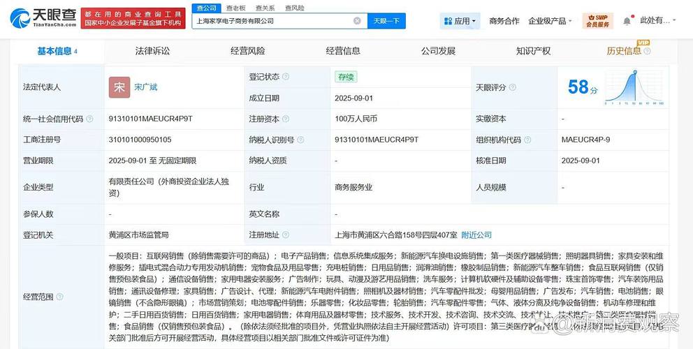 【#天猫在上海成立家享电商公司# 注册资本100万】 天眼查工商信息显